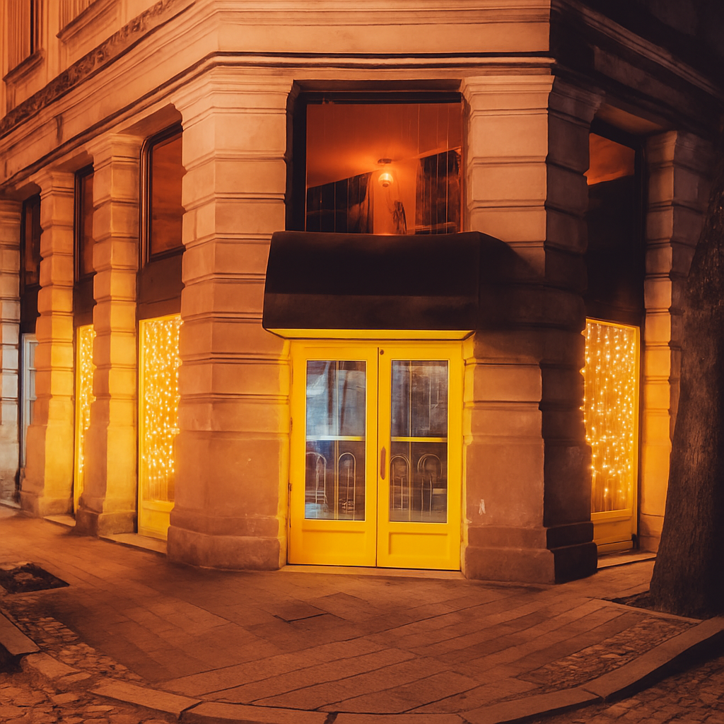 Yellow doors glowing at night